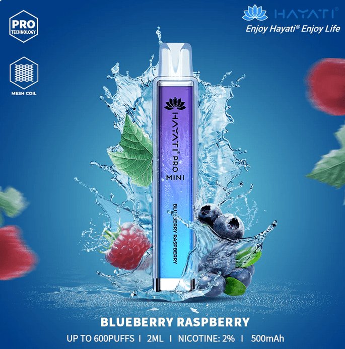 Blueberry Raspberry flavour of the Hayati Crystal Mini Pro 600 Disposable Vape Puff Bar Pod, offering a smooth blend of sweet blueberry and tangy raspberry for a refreshing vaping experience.