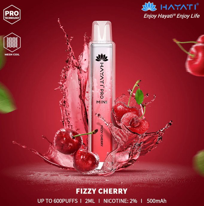 Fizzy Cherry flavour of the Hayati Crystal Mini Pro 600 Disposable Vape Puff Bar Pod, delivering a tangy, effervescent cherry taste with a fizzy kick for a refreshing vape experience.