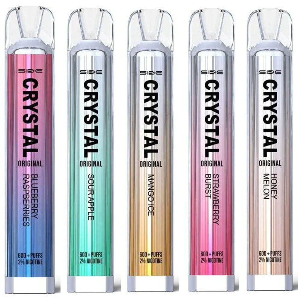 Side view of the Ske Crystal Original 600 Disposable Vape Pod Device, highlighting its compact size and easy-to-carry design. Ideal for a hassle-free, satisfying vape experience in the UK.